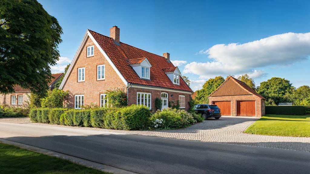 Rød murstensvilla på villavej i Danmark